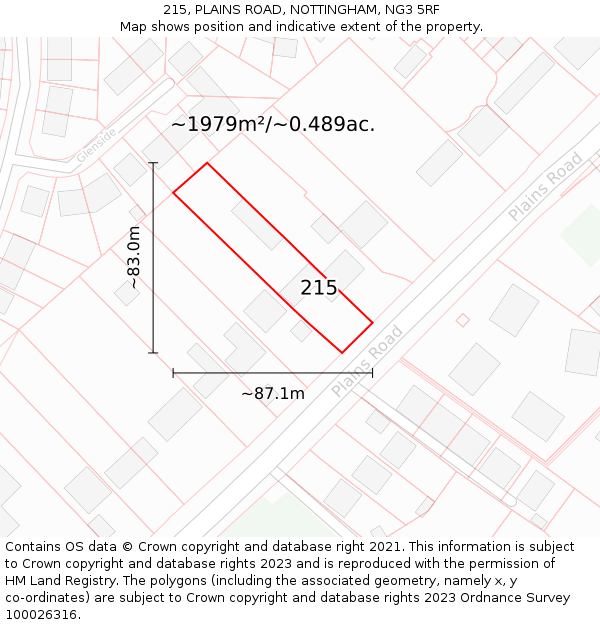 215, PLAINS ROAD, NOTTINGHAM, NG3 5RF: Plot and title map