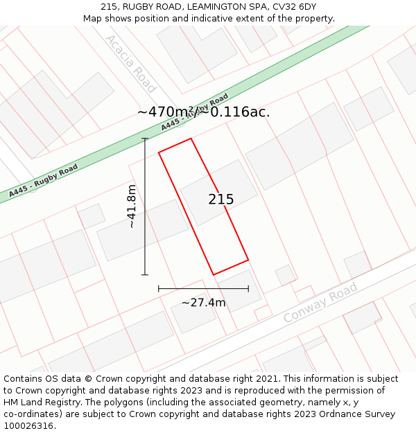 215, RUGBY ROAD, LEAMINGTON SPA, CV32 6DY: Plot and title map