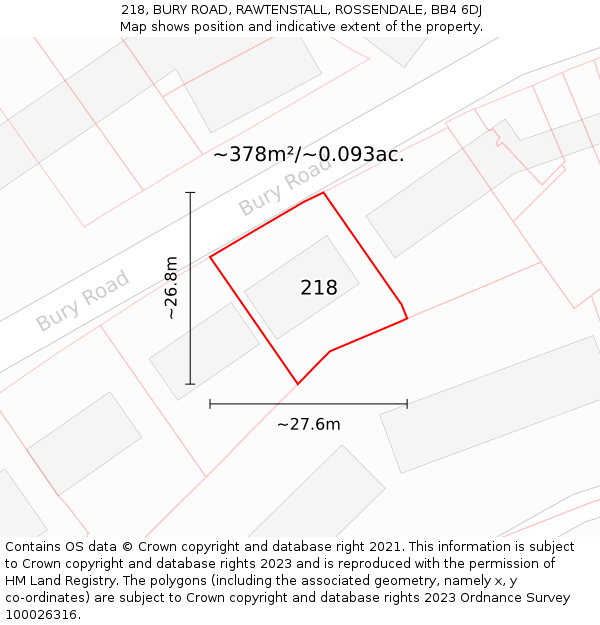 218, BURY ROAD, RAWTENSTALL, ROSSENDALE, BB4 6DJ: Plot and title map