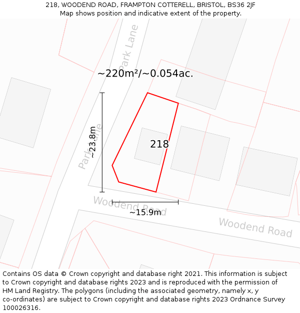 218, WOODEND ROAD, FRAMPTON COTTERELL, BRISTOL, BS36 2JF: Plot and title map