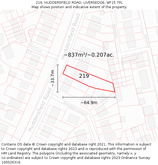 219, HUDDERSFIELD ROAD, LIVERSEDGE, WF15 7PL: Plot and title map