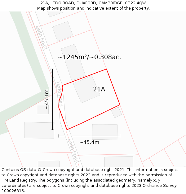 21A, LEDO ROAD, DUXFORD, CAMBRIDGE, CB22 4QW: Plot and title map