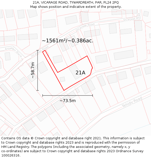 21A, VICARAGE ROAD, TYWARDREATH, PAR, PL24 2PQ: Plot and title map