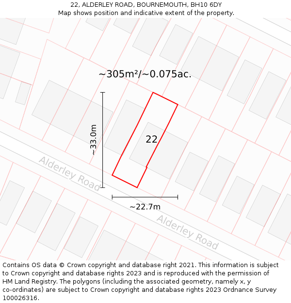 22, ALDERLEY ROAD, BOURNEMOUTH, BH10 6DY: Plot and title map