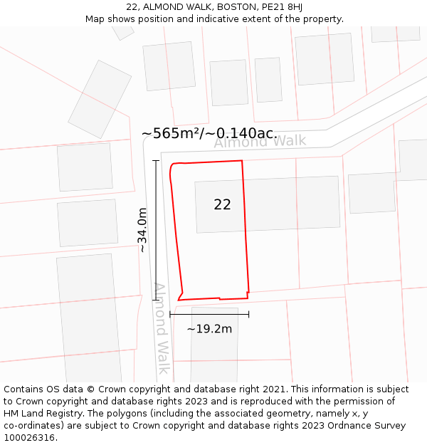 22, ALMOND WALK, BOSTON, PE21 8HJ: Plot and title map