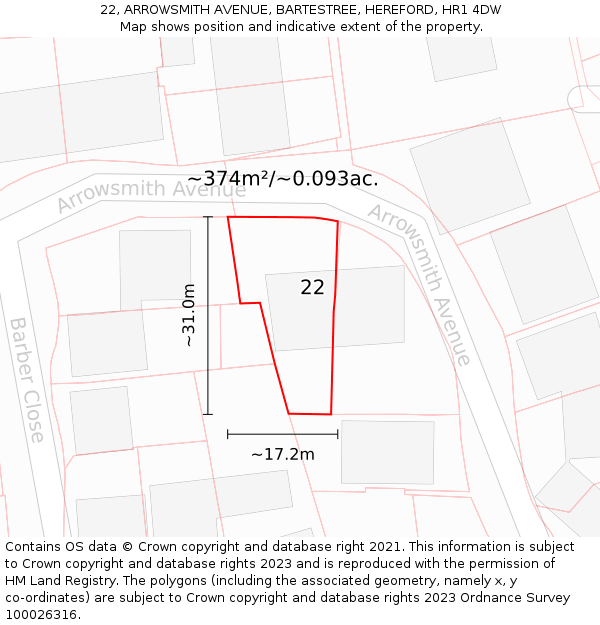 22, ARROWSMITH AVENUE, BARTESTREE, HEREFORD, HR1 4DW: Plot and title map