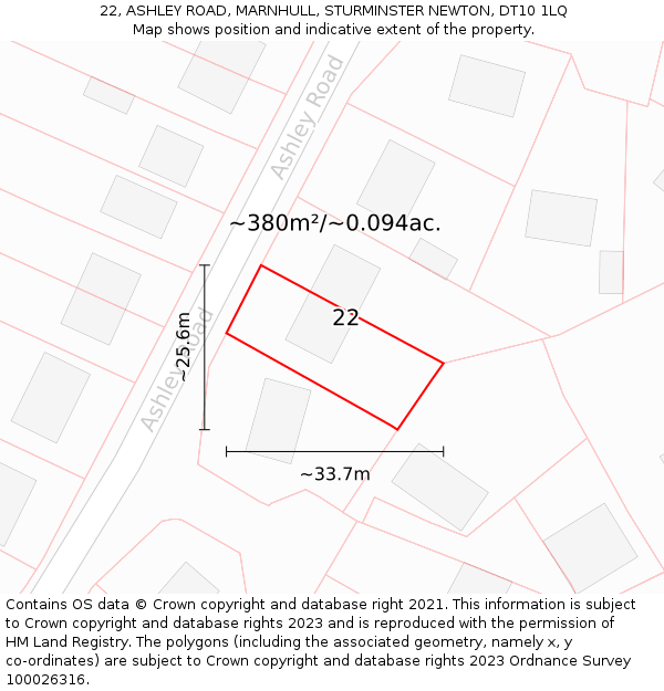 22, ASHLEY ROAD, MARNHULL, STURMINSTER NEWTON, DT10 1LQ: Plot and title map