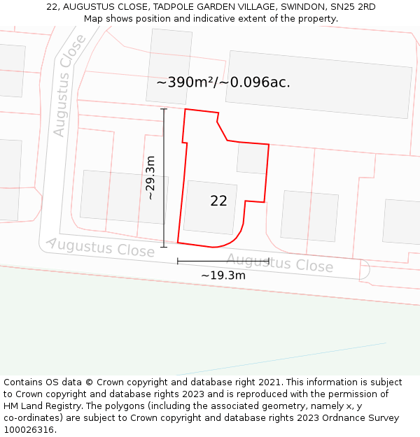 22, AUGUSTUS CLOSE, TADPOLE GARDEN VILLAGE, SWINDON, SN25 2RD: Plot and title map