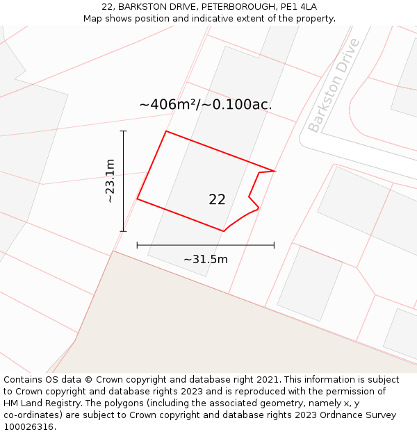 22, BARKSTON DRIVE, PETERBOROUGH, PE1 4LA: Plot and title map