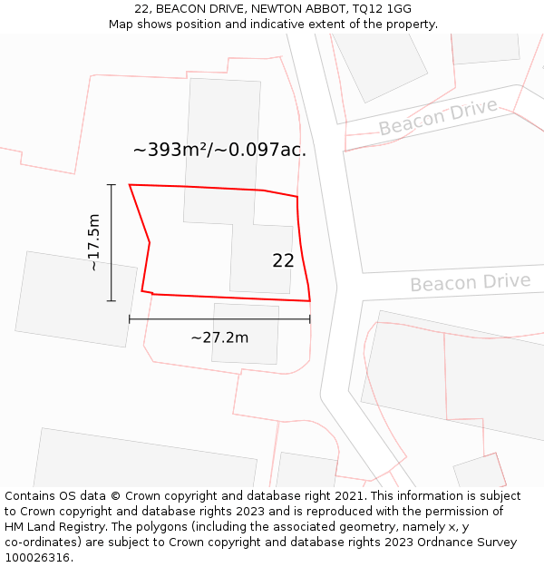 22, BEACON DRIVE, NEWTON ABBOT, TQ12 1GG: Plot and title map