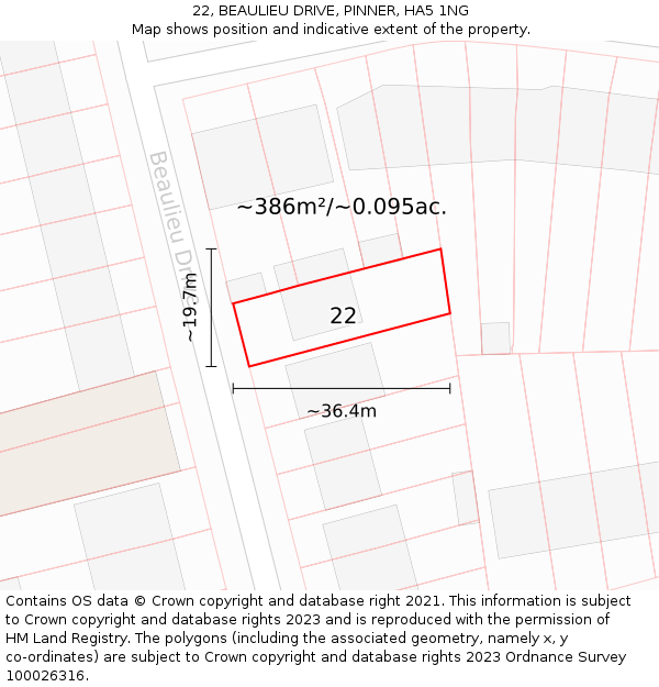 22, BEAULIEU DRIVE, PINNER, HA5 1NG: Plot and title map