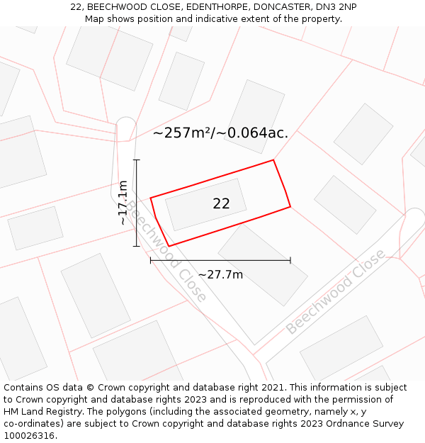 22, BEECHWOOD CLOSE, EDENTHORPE, DONCASTER, DN3 2NP: Plot and title map