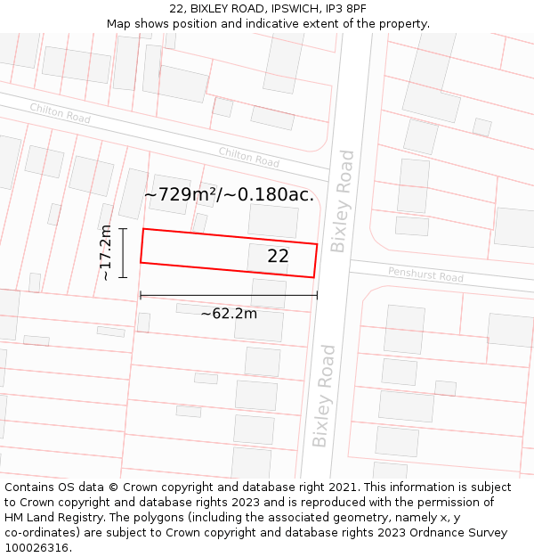 22, BIXLEY ROAD, IPSWICH, IP3 8PF: Plot and title map