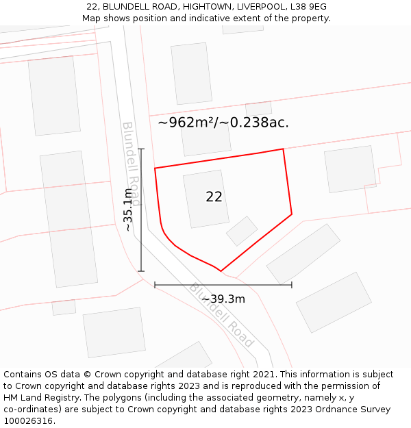 22, BLUNDELL ROAD, HIGHTOWN, LIVERPOOL, L38 9EG: Plot and title map