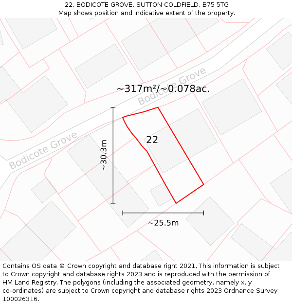 22, BODICOTE GROVE, SUTTON COLDFIELD, B75 5TG: Plot and title map