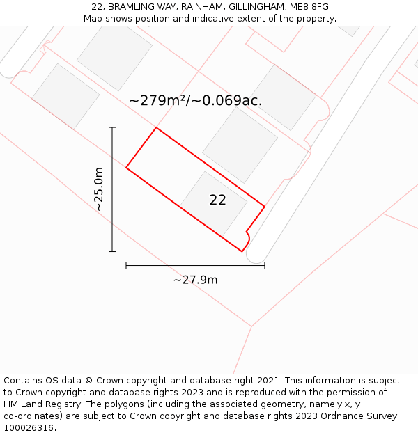 22, BRAMLING WAY, RAINHAM, GILLINGHAM, ME8 8FG: Plot and title map