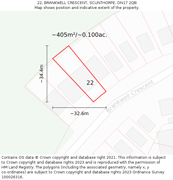 22, BRANKWELL CRESCENT, SCUNTHORPE, DN17 2QB: Plot and title map