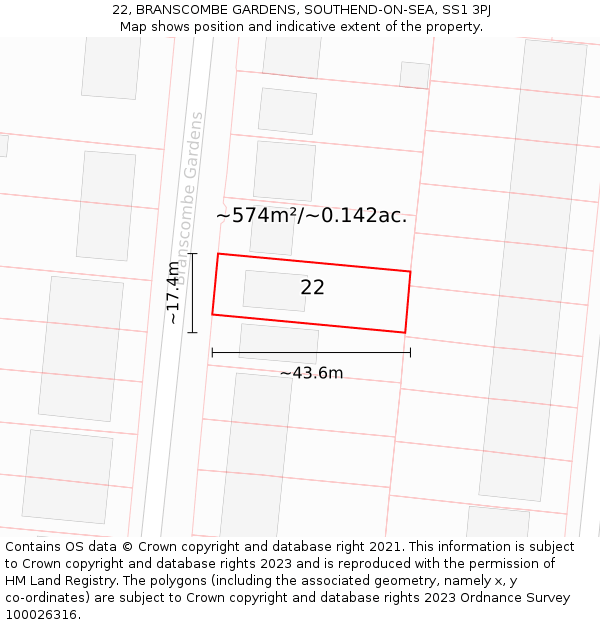 22, BRANSCOMBE GARDENS, SOUTHEND-ON-SEA, SS1 3PJ: Plot and title map