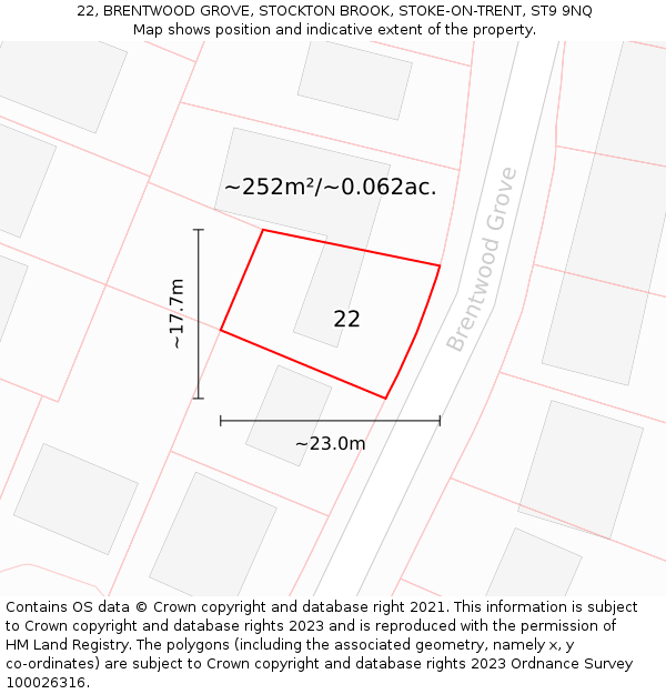 22, BRENTWOOD GROVE, STOCKTON BROOK, STOKE-ON-TRENT, ST9 9NQ: Plot and title map