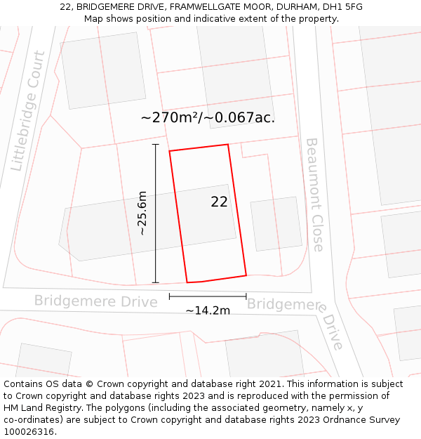 22, BRIDGEMERE DRIVE, FRAMWELLGATE MOOR, DURHAM, DH1 5FG: Plot and title map