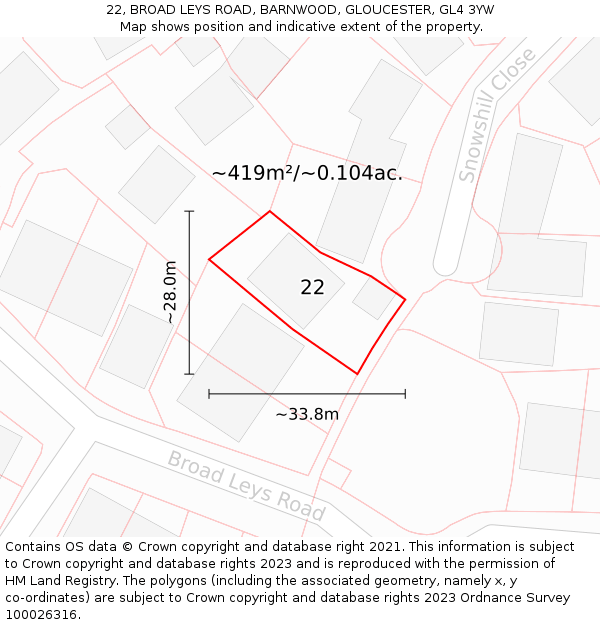 22, BROAD LEYS ROAD, BARNWOOD, GLOUCESTER, GL4 3YW: Plot and title map