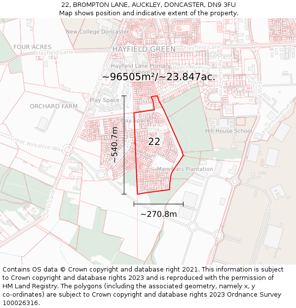 22, BROMPTON LANE, AUCKLEY, DONCASTER, DN9 3FU: Plot and title map