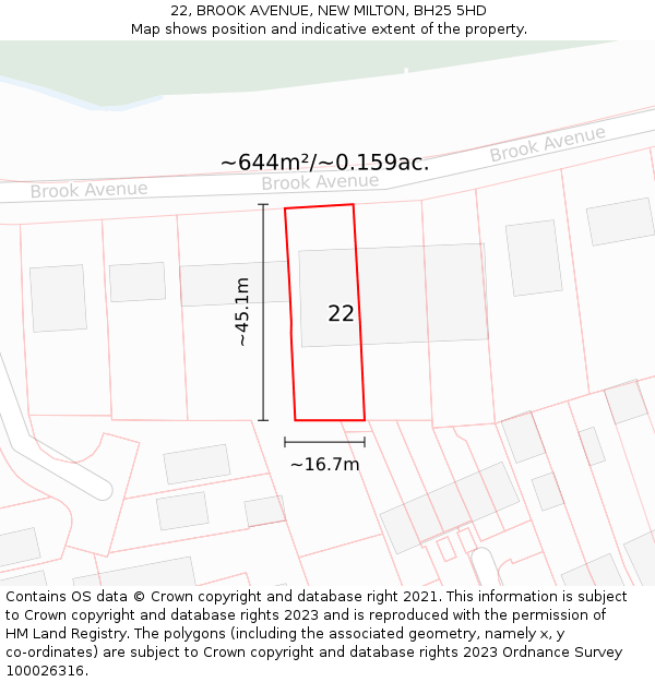 22, BROOK AVENUE, NEW MILTON, BH25 5HD: Plot and title map