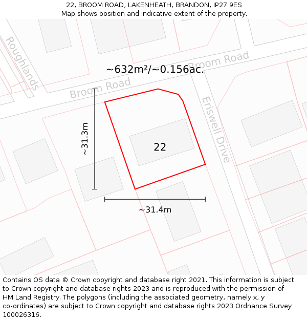 22, BROOM ROAD, LAKENHEATH, BRANDON, IP27 9ES: Plot and title map