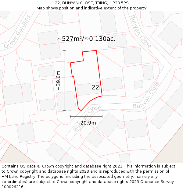 22, BUNYAN CLOSE, TRING, HP23 5PS: Plot and title map