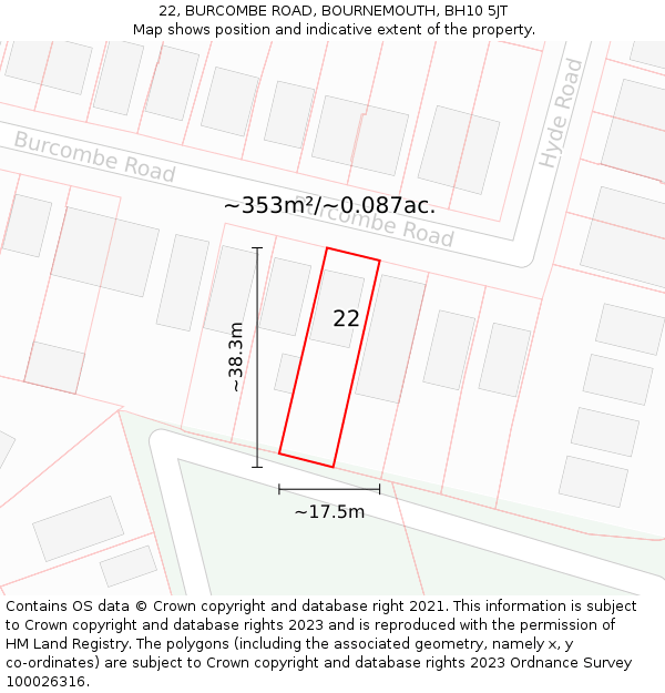 22, BURCOMBE ROAD, BOURNEMOUTH, BH10 5JT: Plot and title map