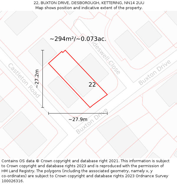 22, BUXTON DRIVE, DESBOROUGH, KETTERING, NN14 2UU: Plot and title map