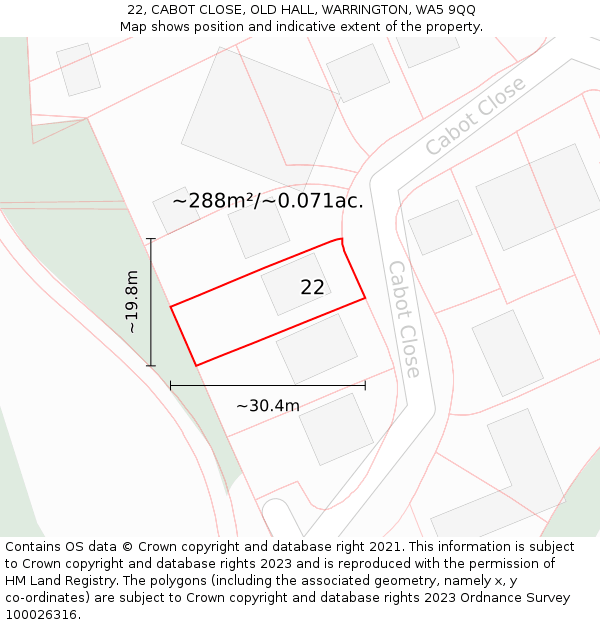 22, CABOT CLOSE, OLD HALL, WARRINGTON, WA5 9QQ: Plot and title map