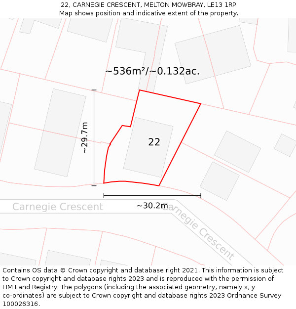 22, CARNEGIE CRESCENT, MELTON MOWBRAY, LE13 1RP: Plot and title map