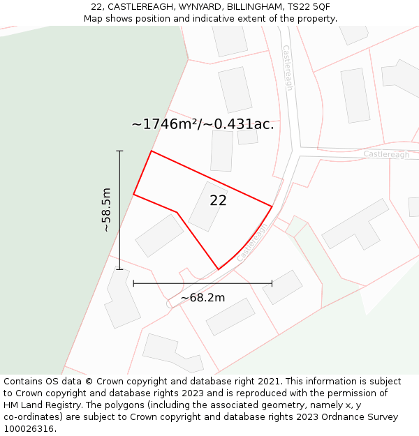 22, CASTLEREAGH, WYNYARD, BILLINGHAM, TS22 5QF: Plot and title map