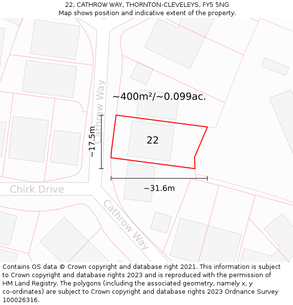 22, CATHROW WAY, THORNTON-CLEVELEYS, FY5 5NG: Plot and title map