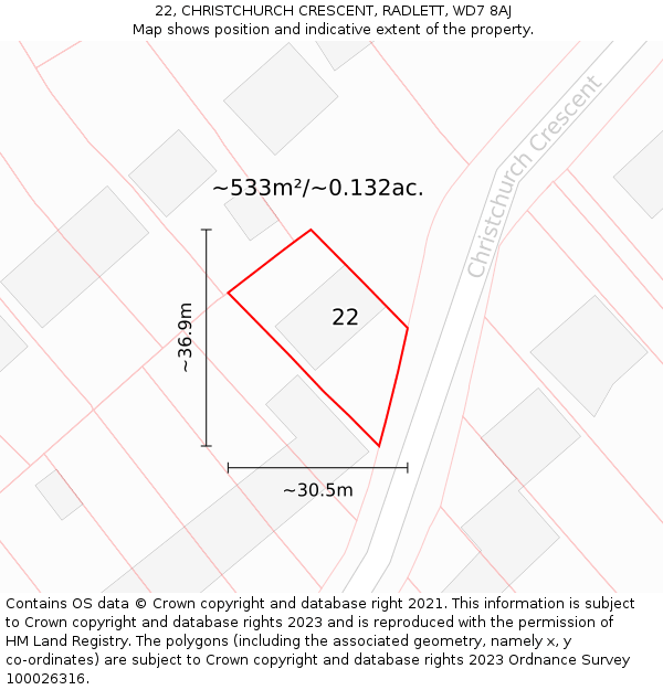 22, CHRISTCHURCH CRESCENT, RADLETT, WD7 8AJ: Plot and title map