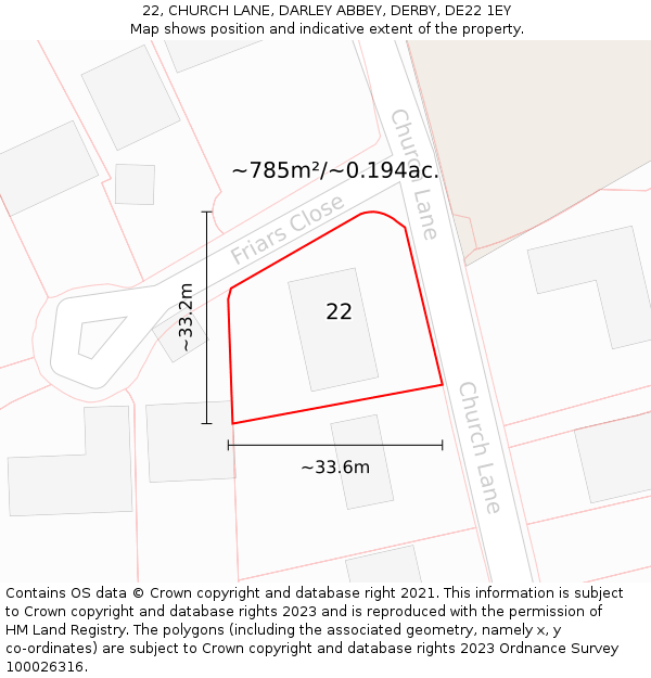 22, CHURCH LANE, DARLEY ABBEY, DERBY, DE22 1EY: Plot and title map