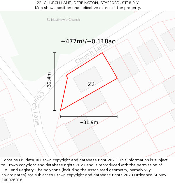 22, CHURCH LANE, DERRINGTON, STAFFORD, ST18 9LY: Plot and title map