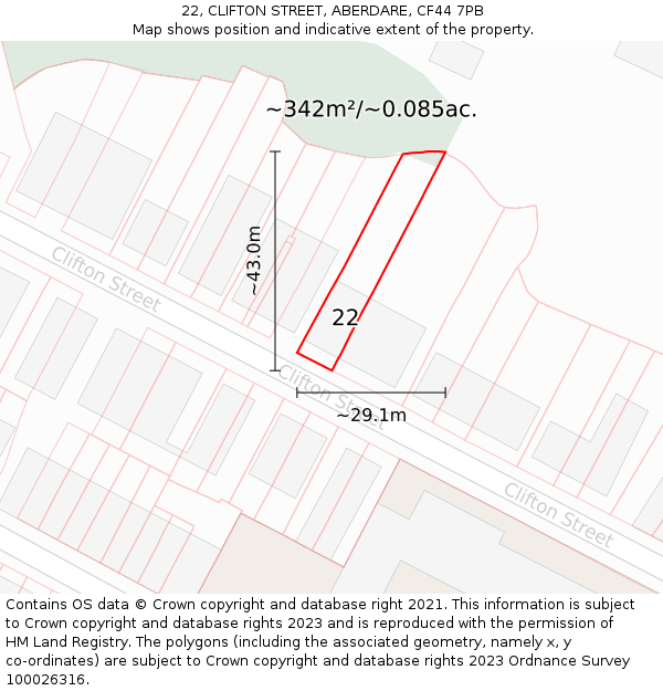 22, CLIFTON STREET, ABERDARE, CF44 7PB: Plot and title map