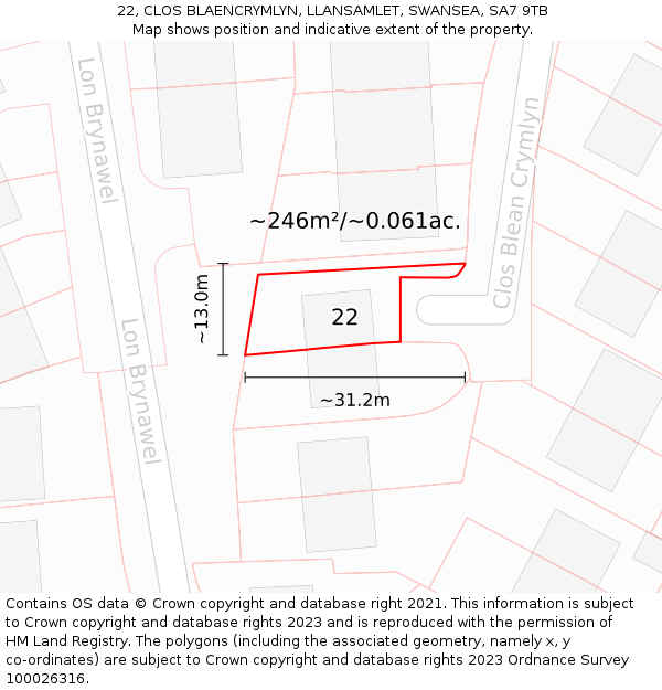 22, CLOS BLAENCRYMLYN, LLANSAMLET, SWANSEA, SA7 9TB: Plot and title map