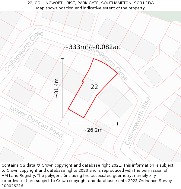 22, COLLINGWORTH RISE, PARK GATE, SOUTHAMPTON, SO31 1DA: Plot and title map