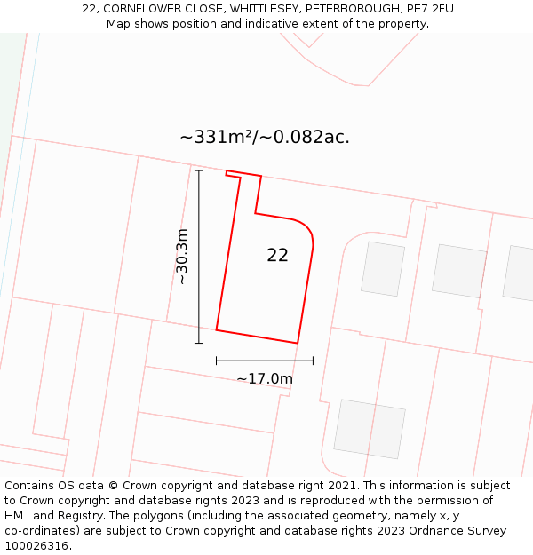 22, CORNFLOWER CLOSE, WHITTLESEY, PETERBOROUGH, PE7 2FU: Plot and title map