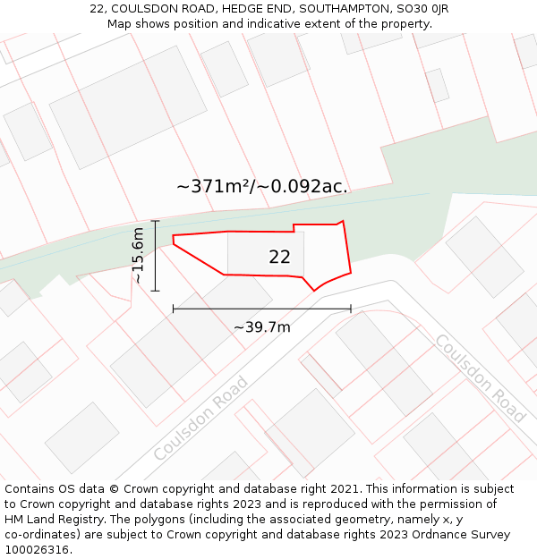 22, COULSDON ROAD, HEDGE END, SOUTHAMPTON, SO30 0JR: Plot and title map