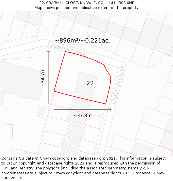 22, CRABMILL CLOSE, KNOWLE, SOLIHULL, B93 0NP: Plot and title map