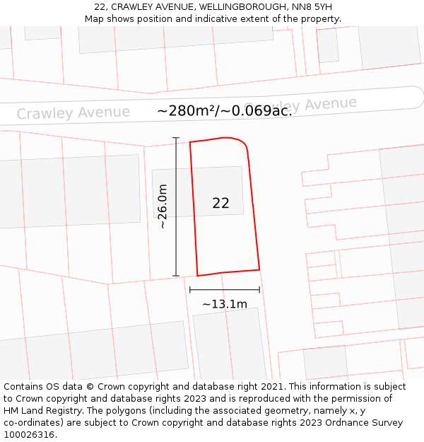 22, CRAWLEY AVENUE, WELLINGBOROUGH, NN8 5YH: Plot and title map