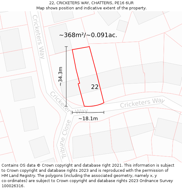 22, CRICKETERS WAY, CHATTERIS, PE16 6UR: Plot and title map