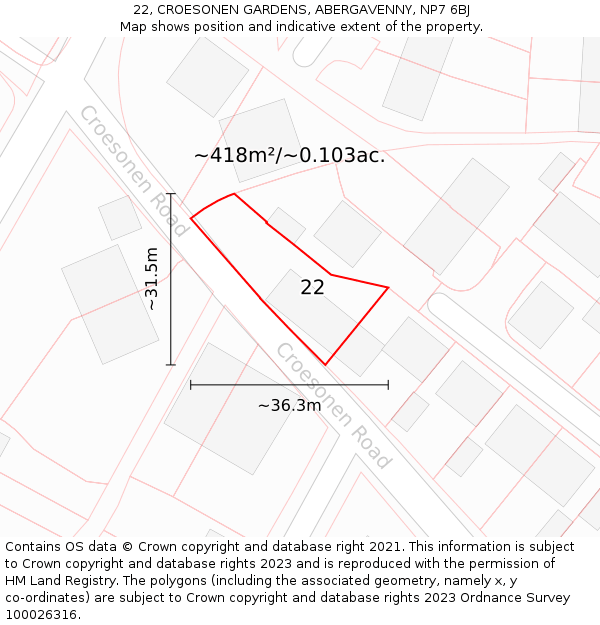 22, CROESONEN GARDENS, ABERGAVENNY, NP7 6BJ: Plot and title map