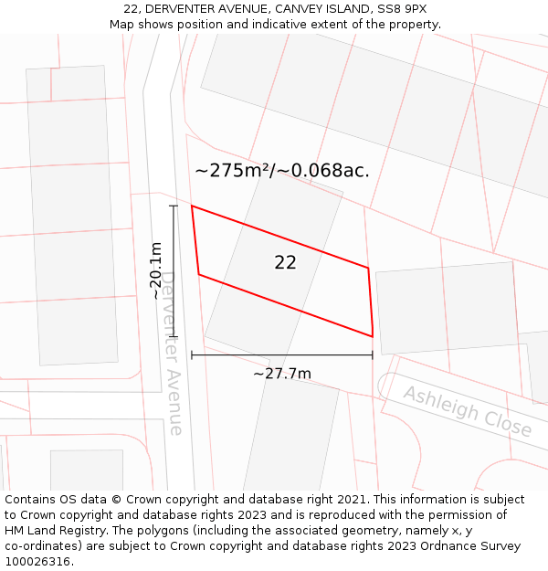 22, DERVENTER AVENUE, CANVEY ISLAND, SS8 9PX: Plot and title map