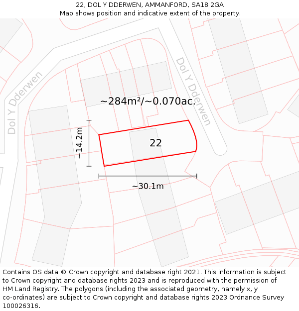 22, DOL Y DDERWEN, AMMANFORD, SA18 2GA: Plot and title map