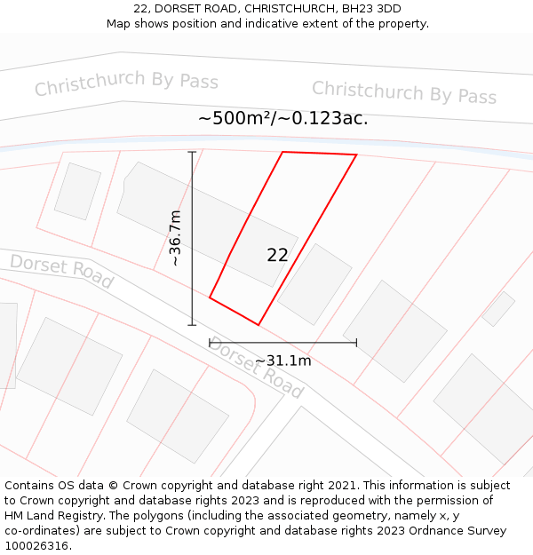 22, DORSET ROAD, CHRISTCHURCH, BH23 3DD: Plot and title map